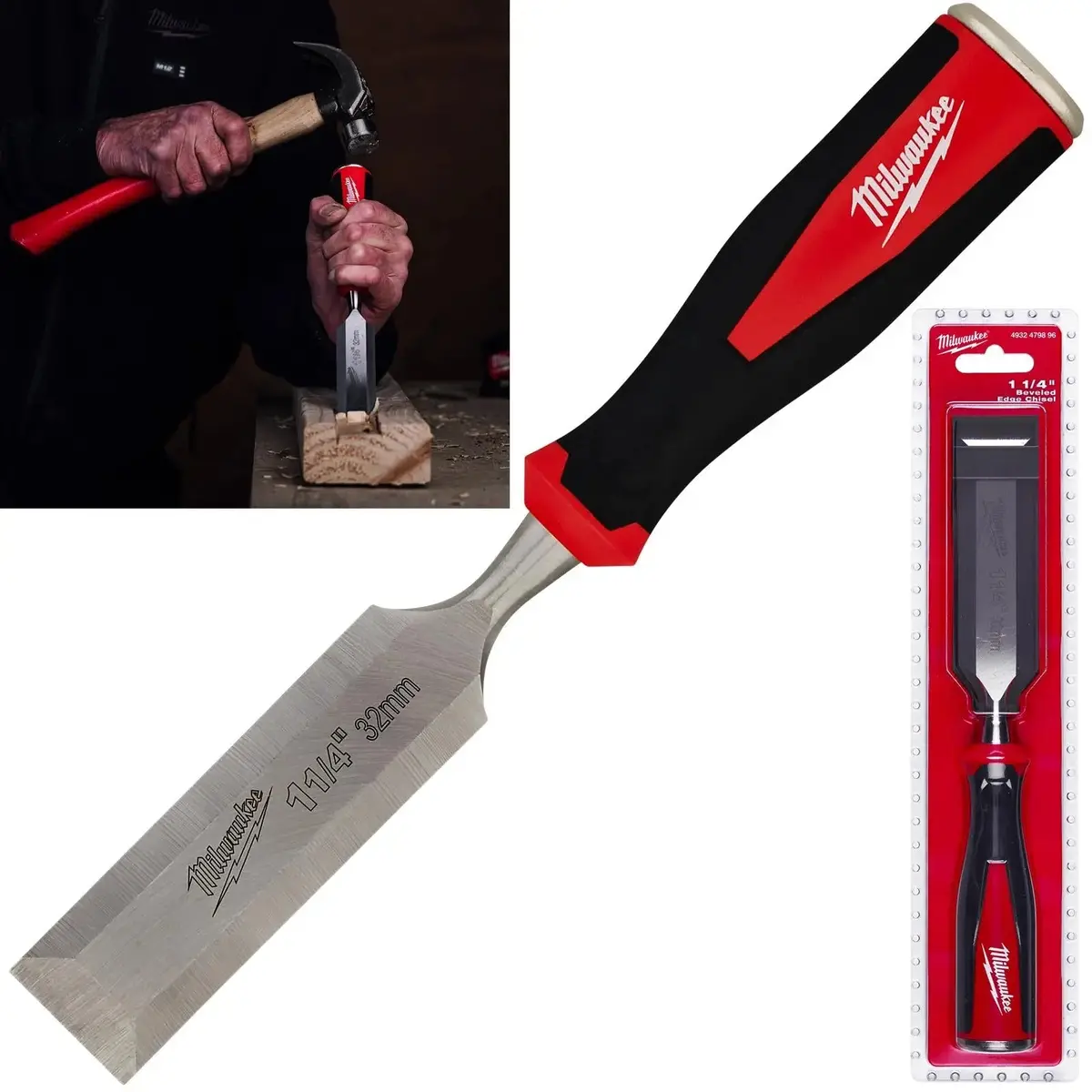 Milwaukee Beveled Edge Wood Chisel 32Mm 1-1/4" All Metal Core With Striking Cap 1