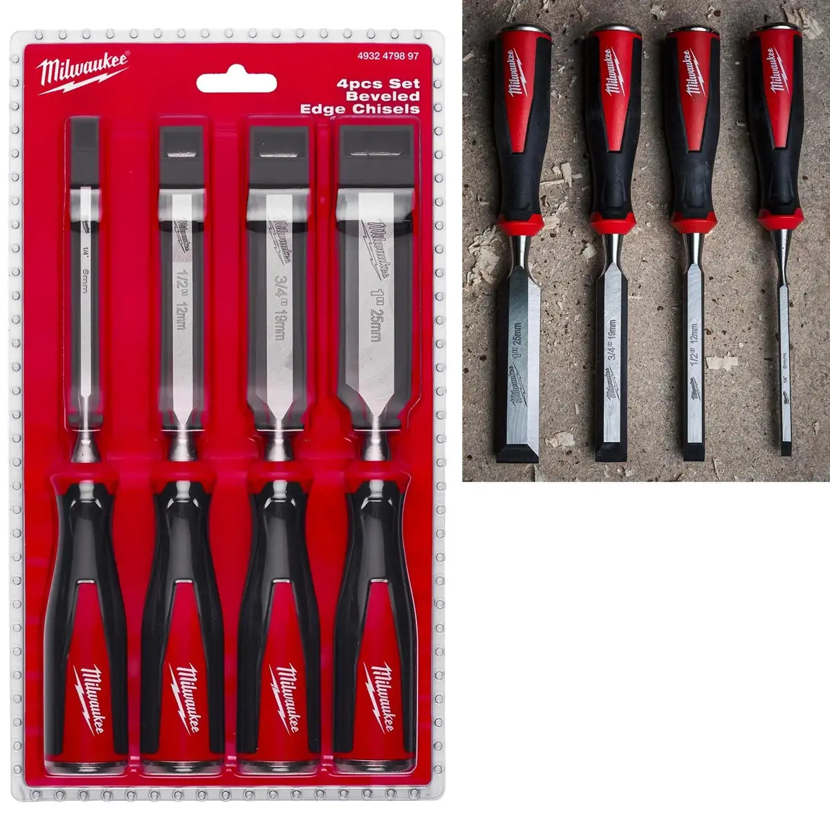Milwaukee Beveled Edge Wood Chisel Set 4 Piece 6-25Mm All Metal Core With Striking Cap 1