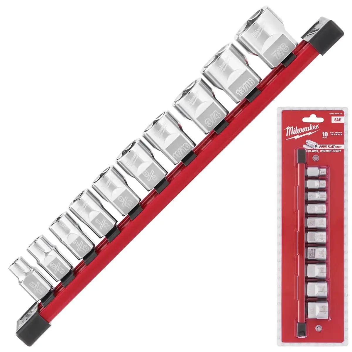 Milwaukee Chrome Socket Set 3/8" Drive Four Flat Sides Imperial Sae On Socket Rail 10 Piece 1