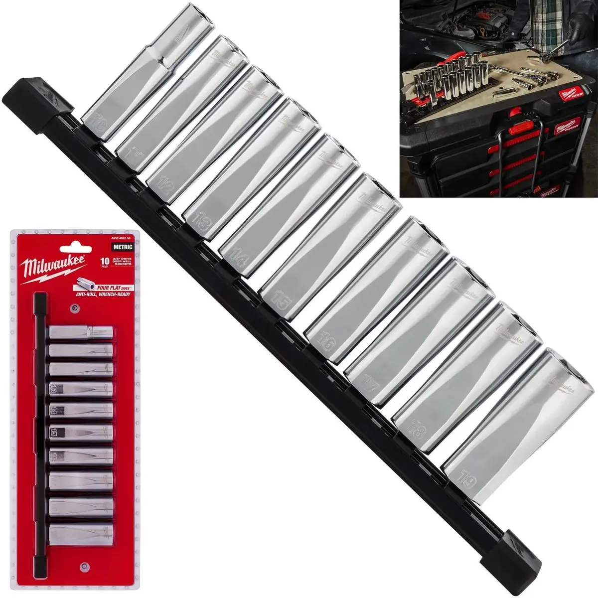 Milwaukee Chrome Socket Set Deep On Socket Rail 3/8" Drive Metric 10-19Mm 1