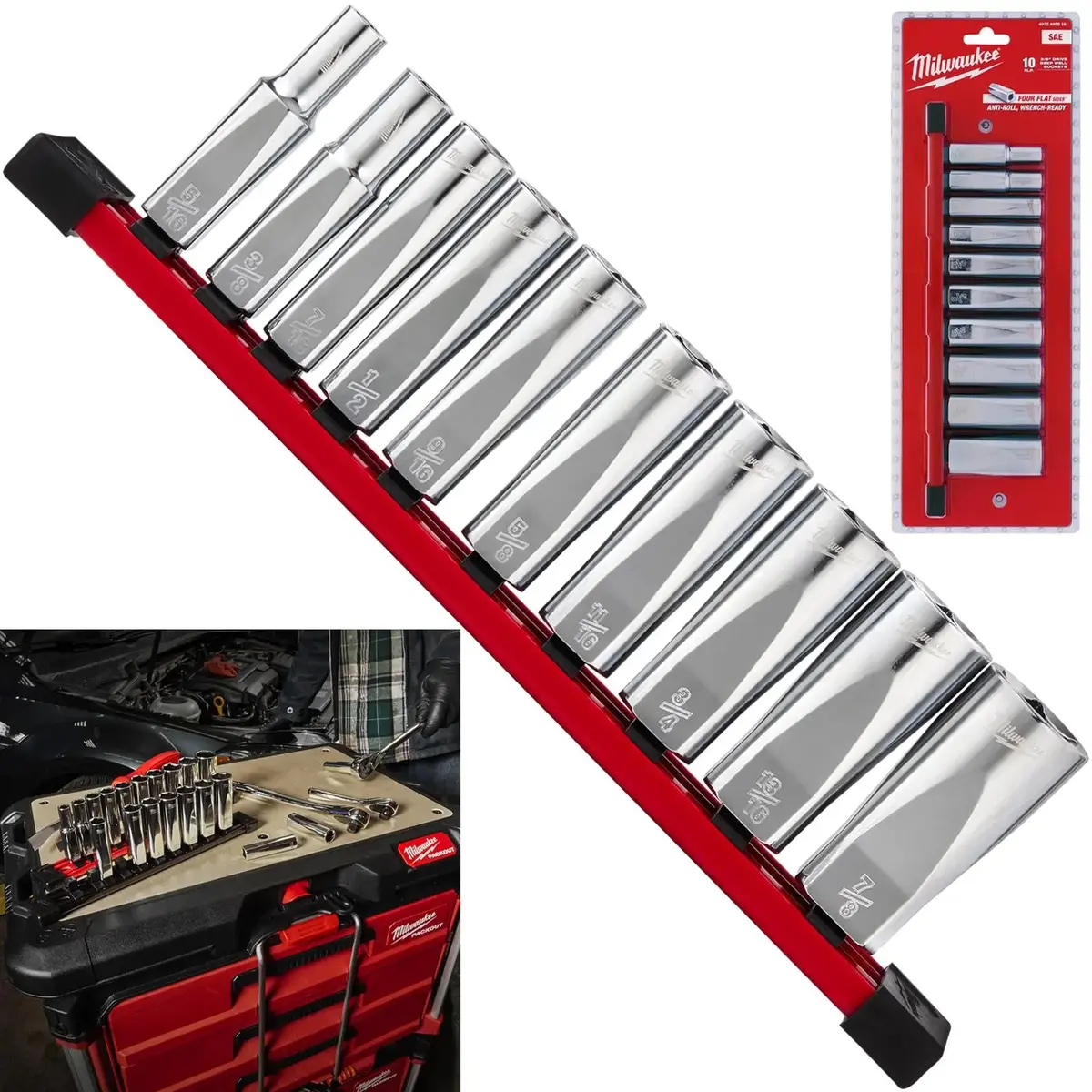 Milwaukee Chrome Socket Set Deep On Socket Rail 3/8" Drive Sae Imperial 5/16"-7/8 1