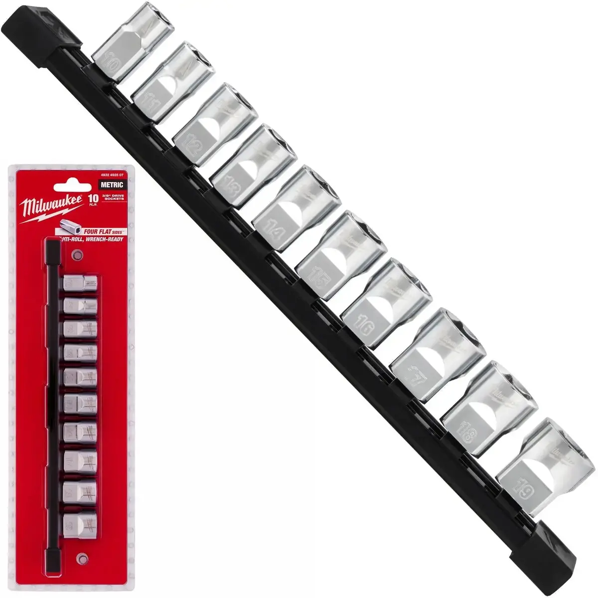 Milwaukee Chrome Socket Set On Socket Rail 3/8" Drive Metric 10-19Mm 1