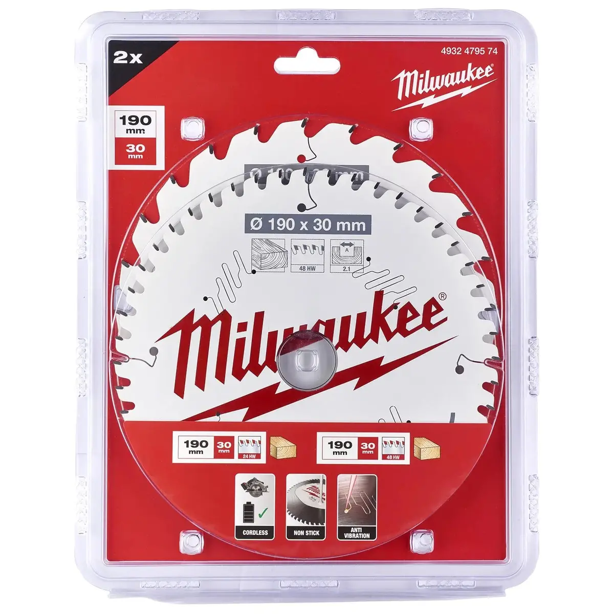 Milwaukee Circular Saw Blade Set For Wood 190Mm X 30Mm Twin Pack 24T 48T Atb 1