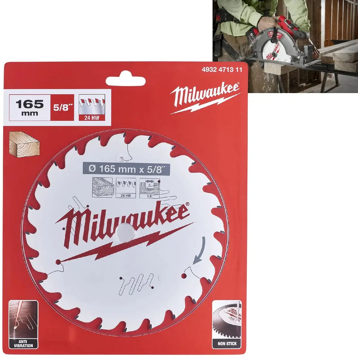Milwaukee Circular Saw Blade For Wood 165Mm X 5/8" Bore X 1.6Mm Width 24T Atb 1