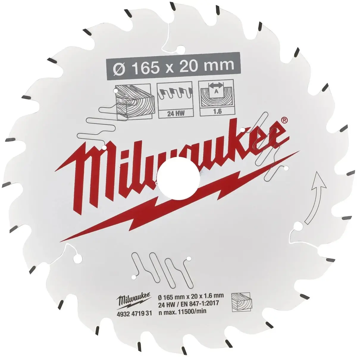 Milwaukee Circular Saw Blade For Wood Hand Held Circ Saws 165Mm X 20Mm 24T 1.6Mm Kerf 1