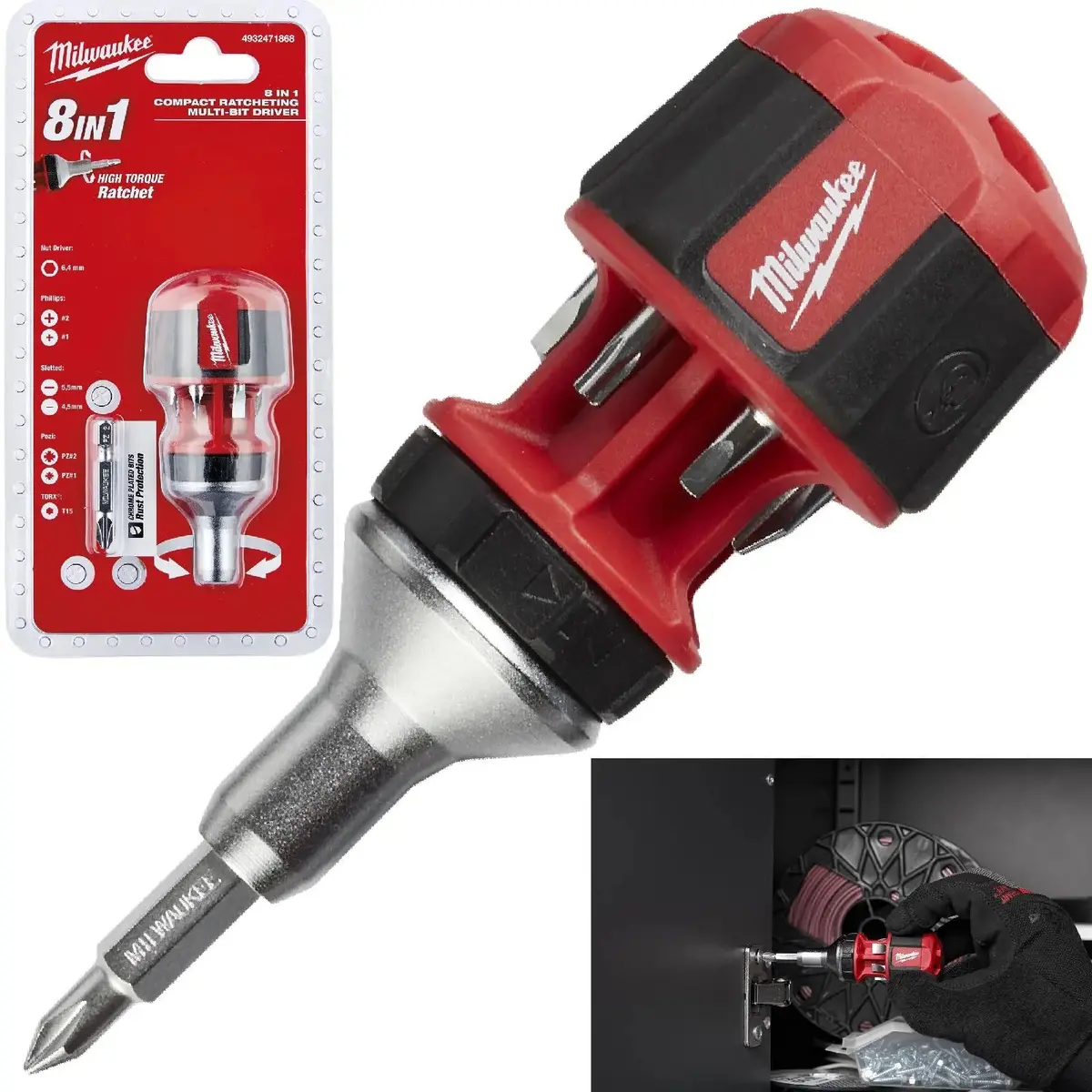 Milwaukee Compact Ratchet Screwdriver 8 In 1 Multi Bit Phillips Pozi Torx Slotted 1