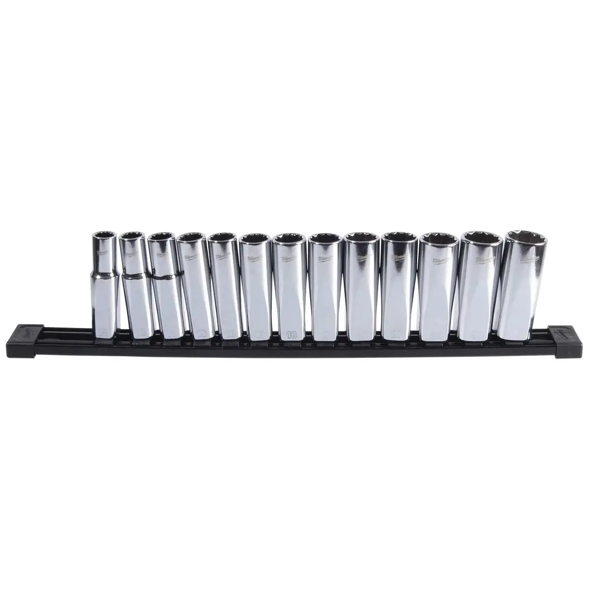 Milwaukee Deep Socket Set 12 Point 1/2" Drive 13 Piece On Socket Rail 12-24Mm 1