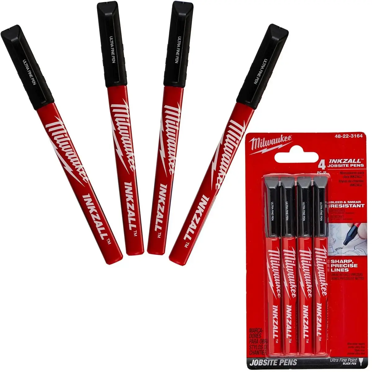 Milwaukee Inkzall Permanent Marker Pens 0.6Mm Fine Tip  Black 4 Piece 1