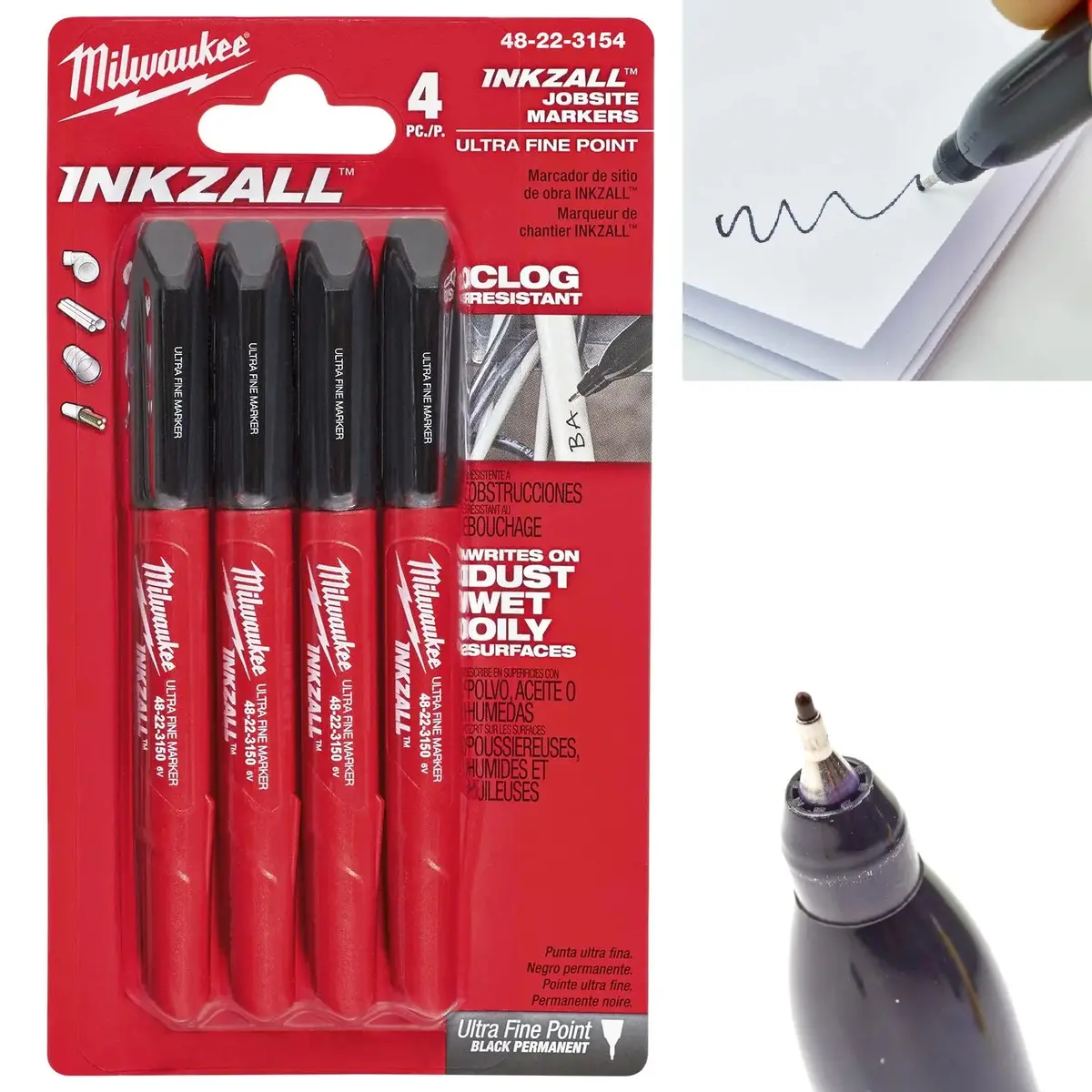 Milwaukee Inkzall Ultra Fine Tip Marker Pens 4 Pack Black 0.6Mm Tip 1