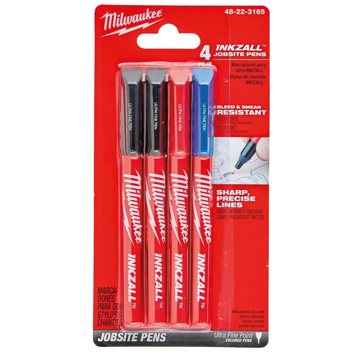 Milwaukee Inkzall Ultra Fine Tip Marker Pens 4 Pack Coloured 0.6Mm Tip 1