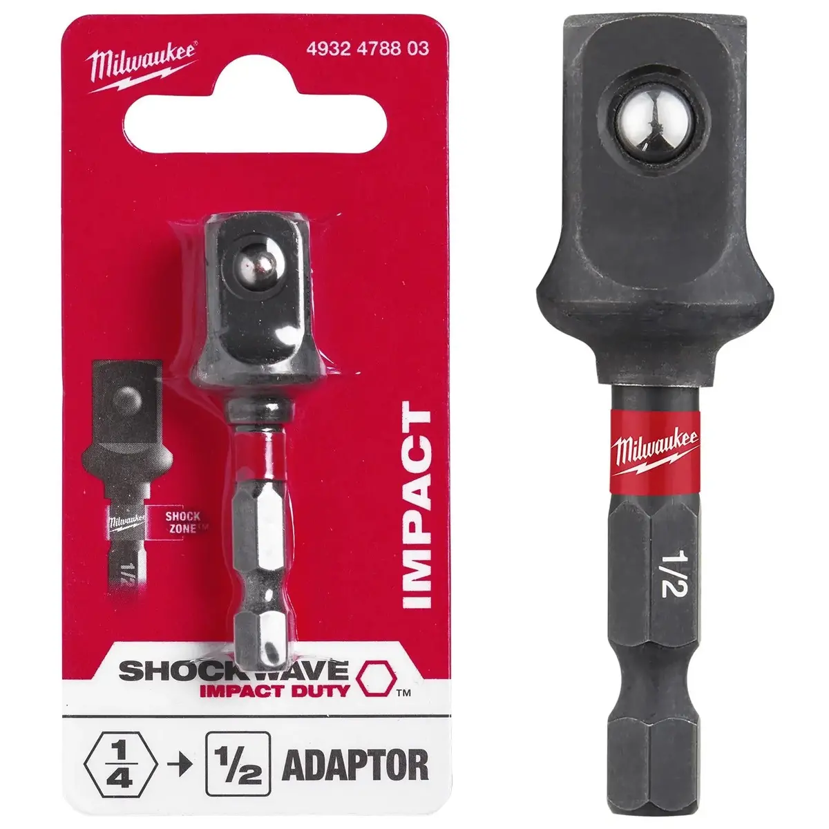 Milwaukee Impact Socket Adaptor 1/4" Hex To 1/2" Square Drive Shockwave Impact Duty 1