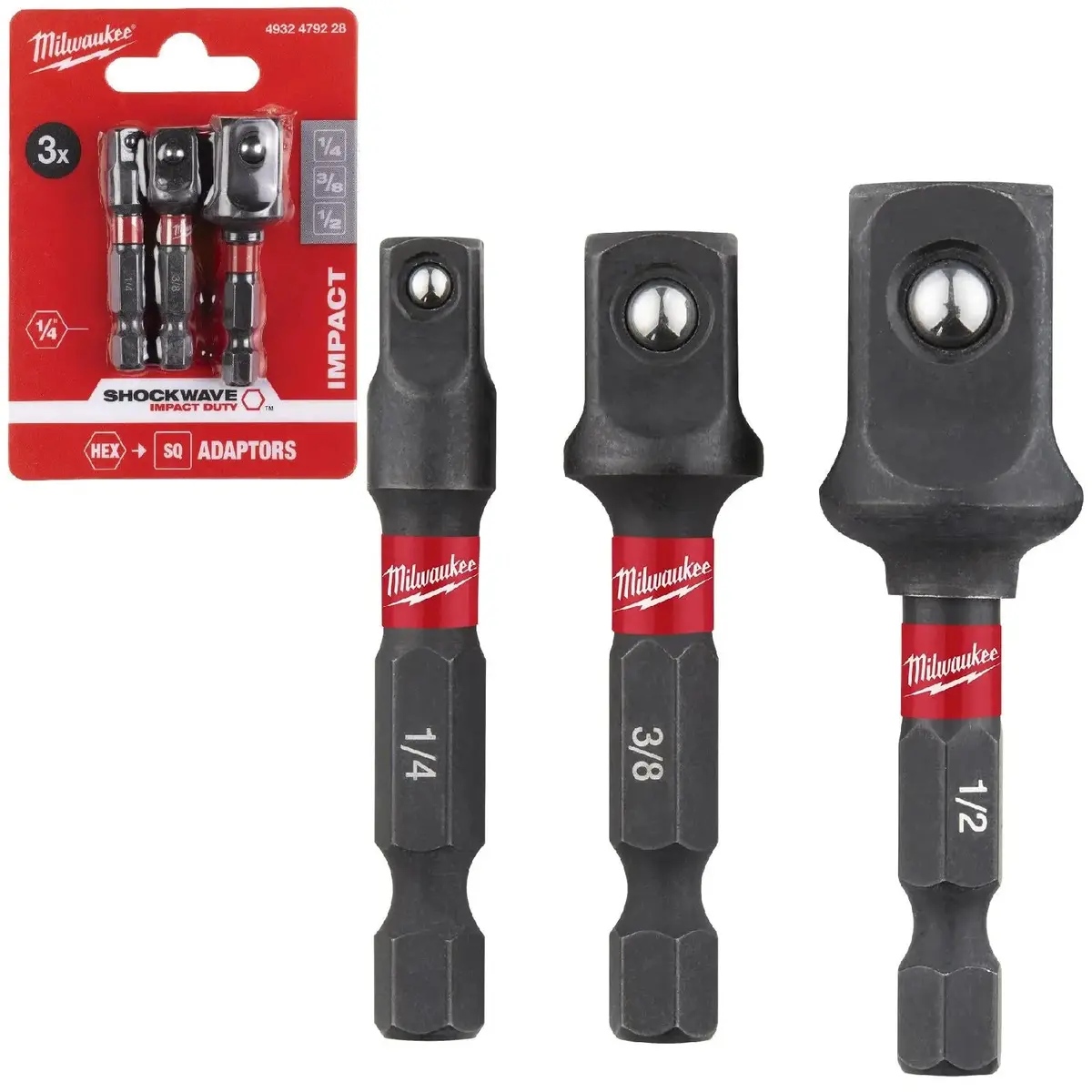 Milwaukee Impact Socket Adaptors Shockwave Impact Duty 3 Piece 1/4" 3/8" 1/2" Drive 1