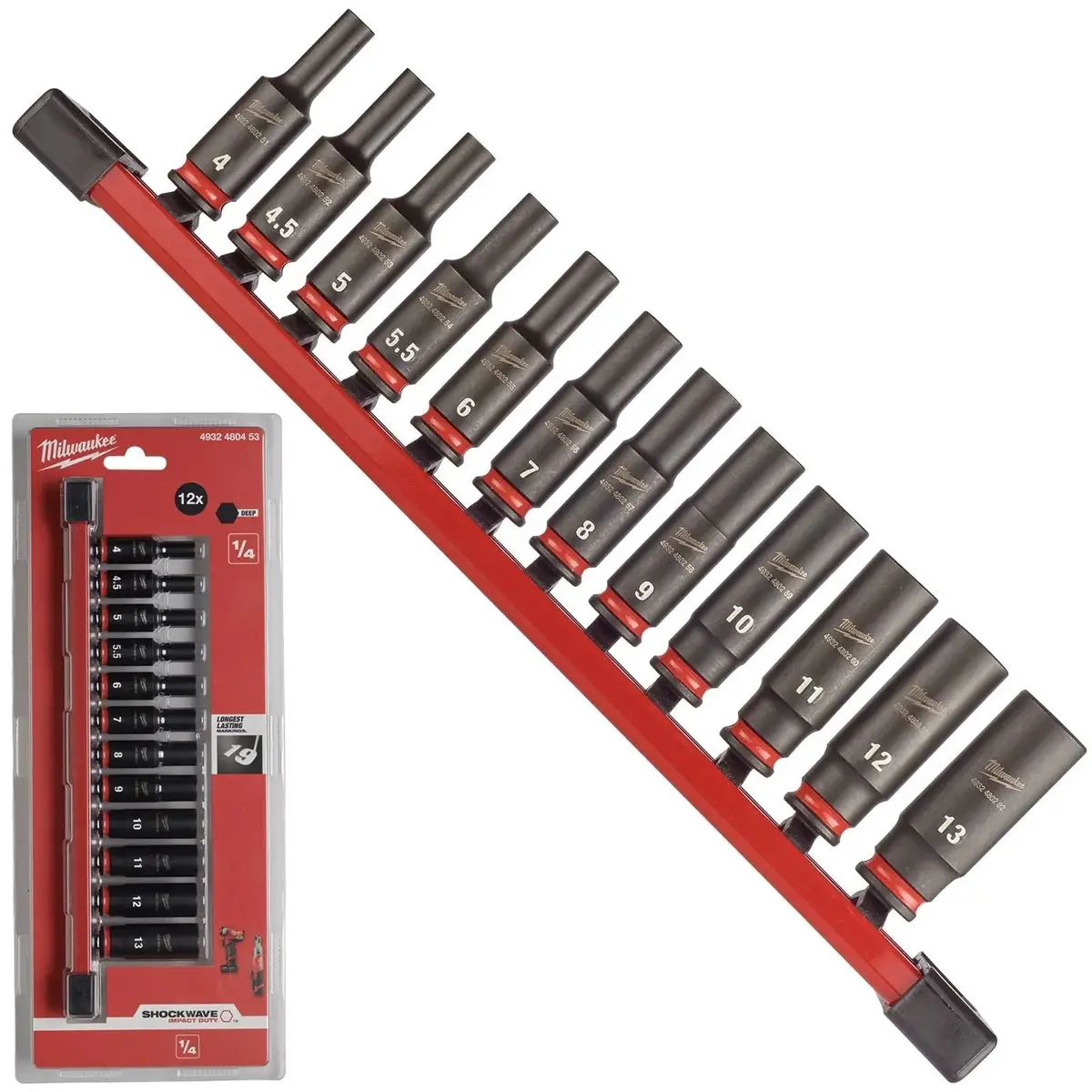 Milwaukee Impact Socket Set Deep On Socket Rail 1/4" Drive 12 Piece 4-13Mm Shockwave 1