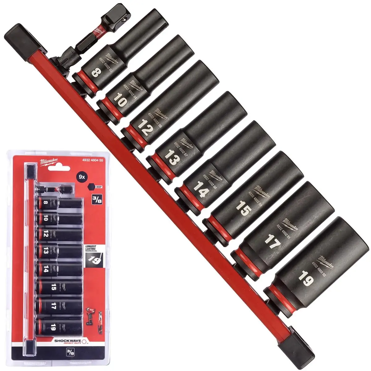 Milwaukee Impact Socket Set Deep On Socket Rail 3/8" Drive 9 Piece 8-19Mm Shockwave 1