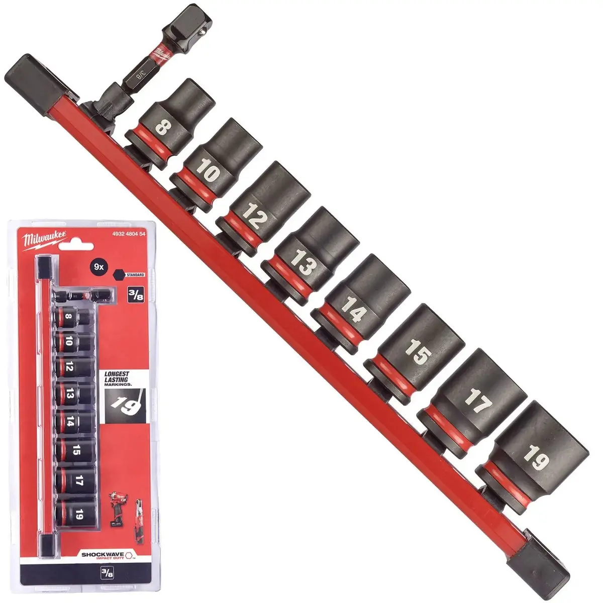 Milwaukee Impact Socket Set Standard On Socket Rail 3/8" Drive 9 Piece 8-19Mm Shockwave 1