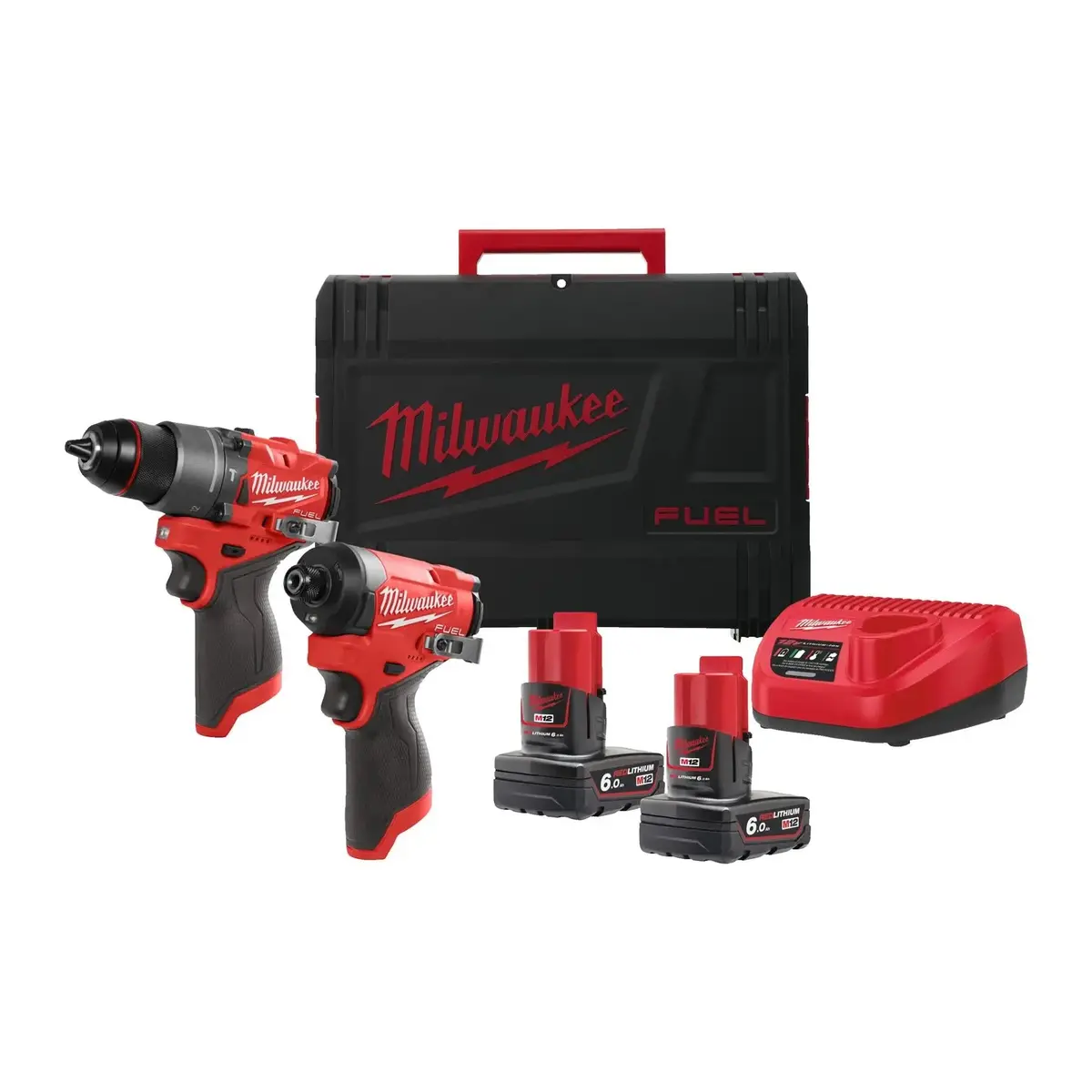 Milwaukee M12 Fuel Powerpack Kit 12V Cordless Combi Drill + Impact Driver 2 X 6Ah Batteries + Charger M12fpp2a2-602X 1