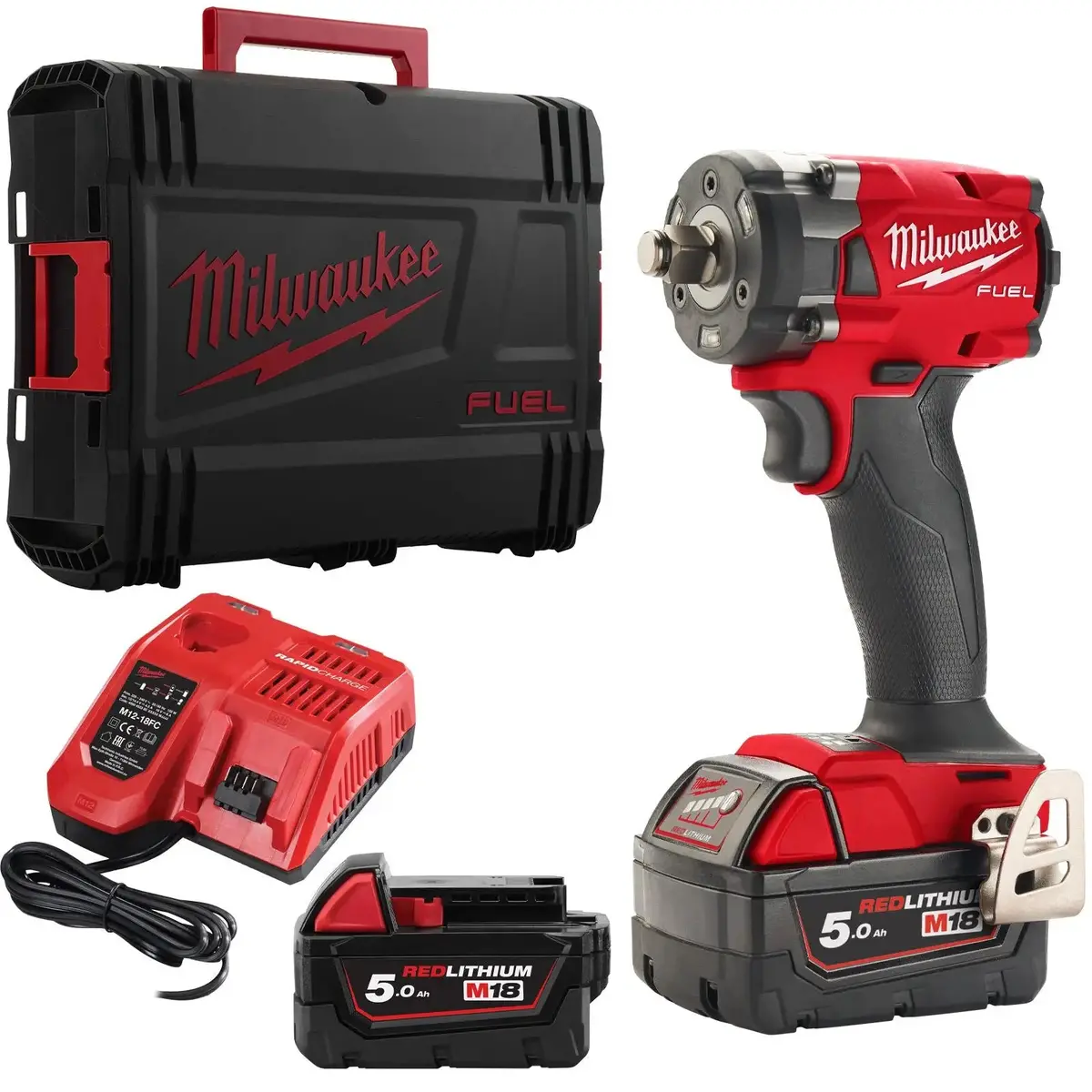 Milwaukee M18 Fuel 18V 1/2" Drive Cordless Compact Impact Wrench Friction Ring 2 X 5Ah Battery + Charger M18fiw2f12-502X 1