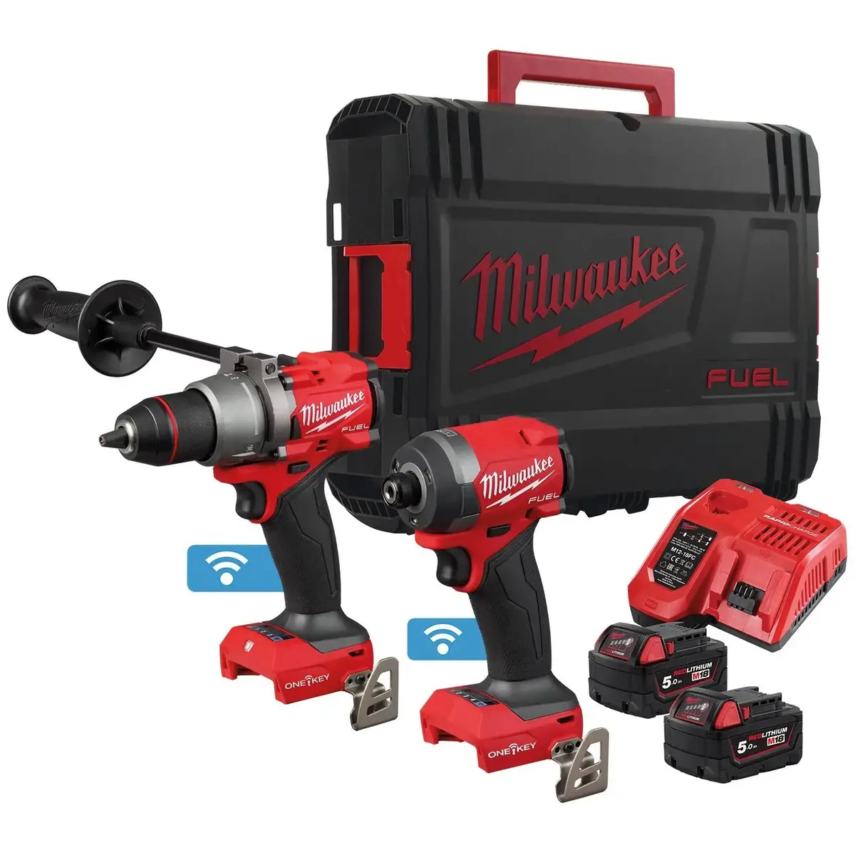 Milwaukee M18 Fuel One-Key Powerpack Kit 18V Cordless Combi Drill + Impact Driver 2 X 5Ah Batteries + Charger M18onepp2a3-502X 1