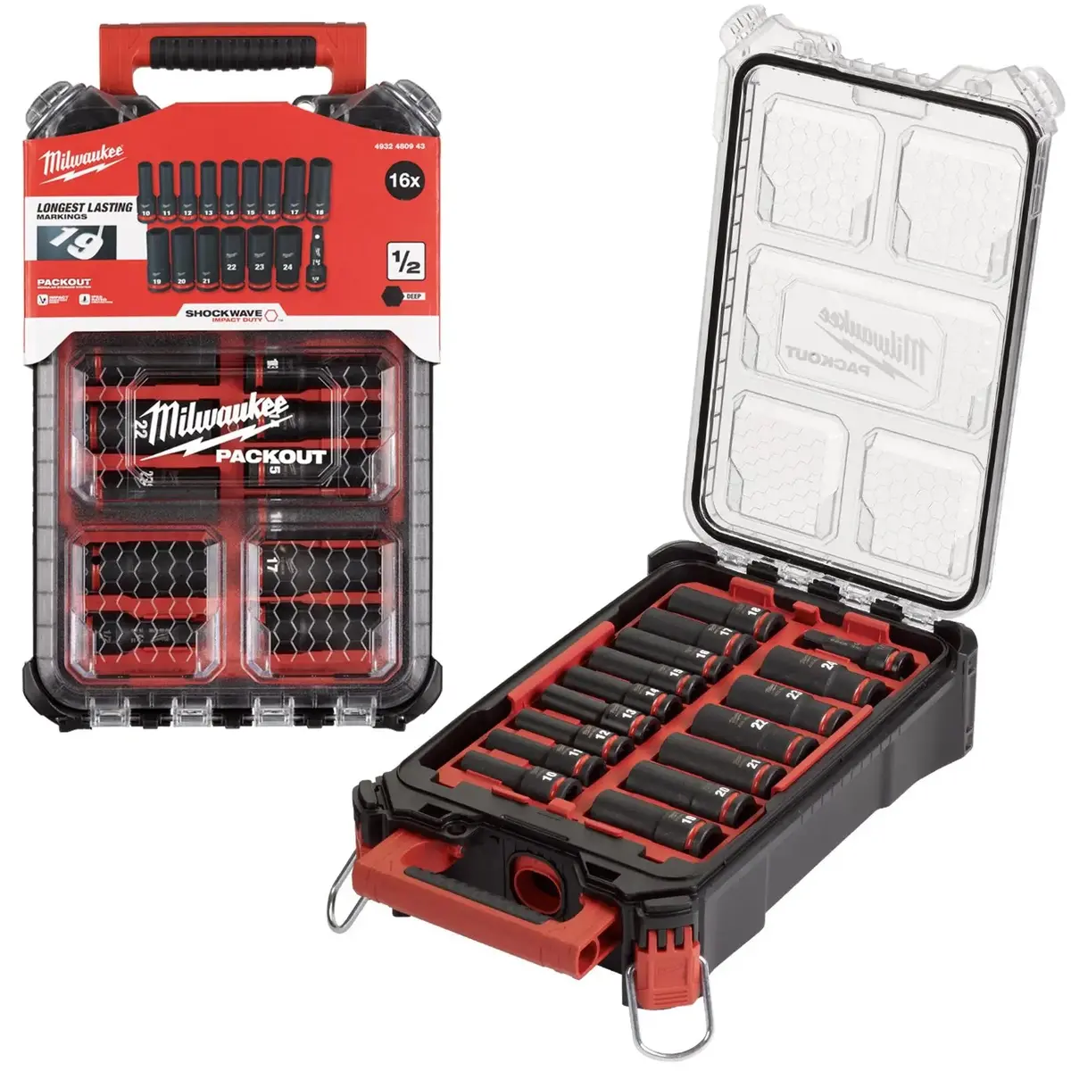 Milwaukee Packout Impact Socket Set 16 Piece 1/2" Drive Deep 10-24Mm Shockwave 1