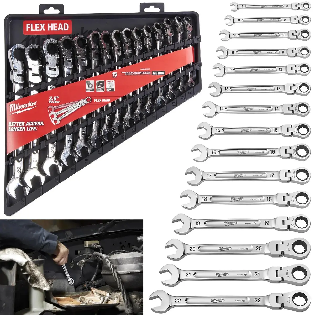 Milwaukee Ratchet Combination Spanner Set Flexi Head Max Bite 15 Piece 8-22Mm 1