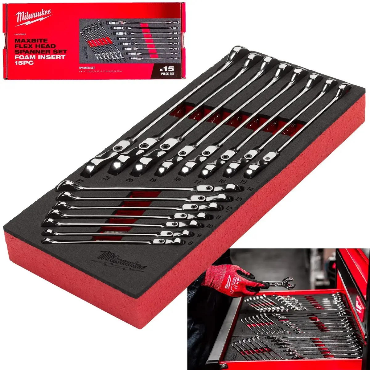 Milwaukee Ratchet Combination Spanner Set Flexi Head Max Bite 15 Piece In Foam Insert 1
