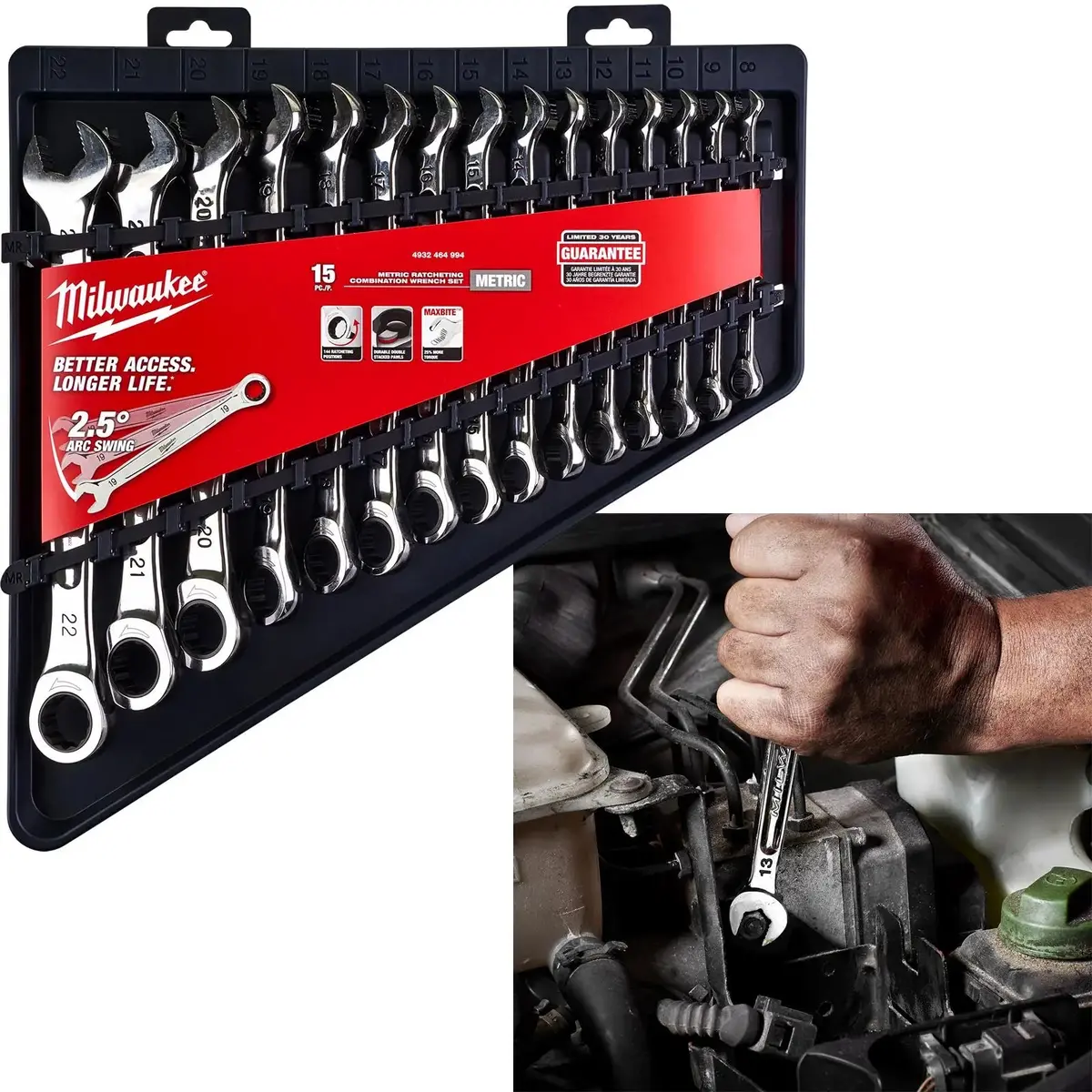 Milwaukee Ratchet Combination Spanner Set Max Bite 15 Piece Fixed Head 8-22Mm 1