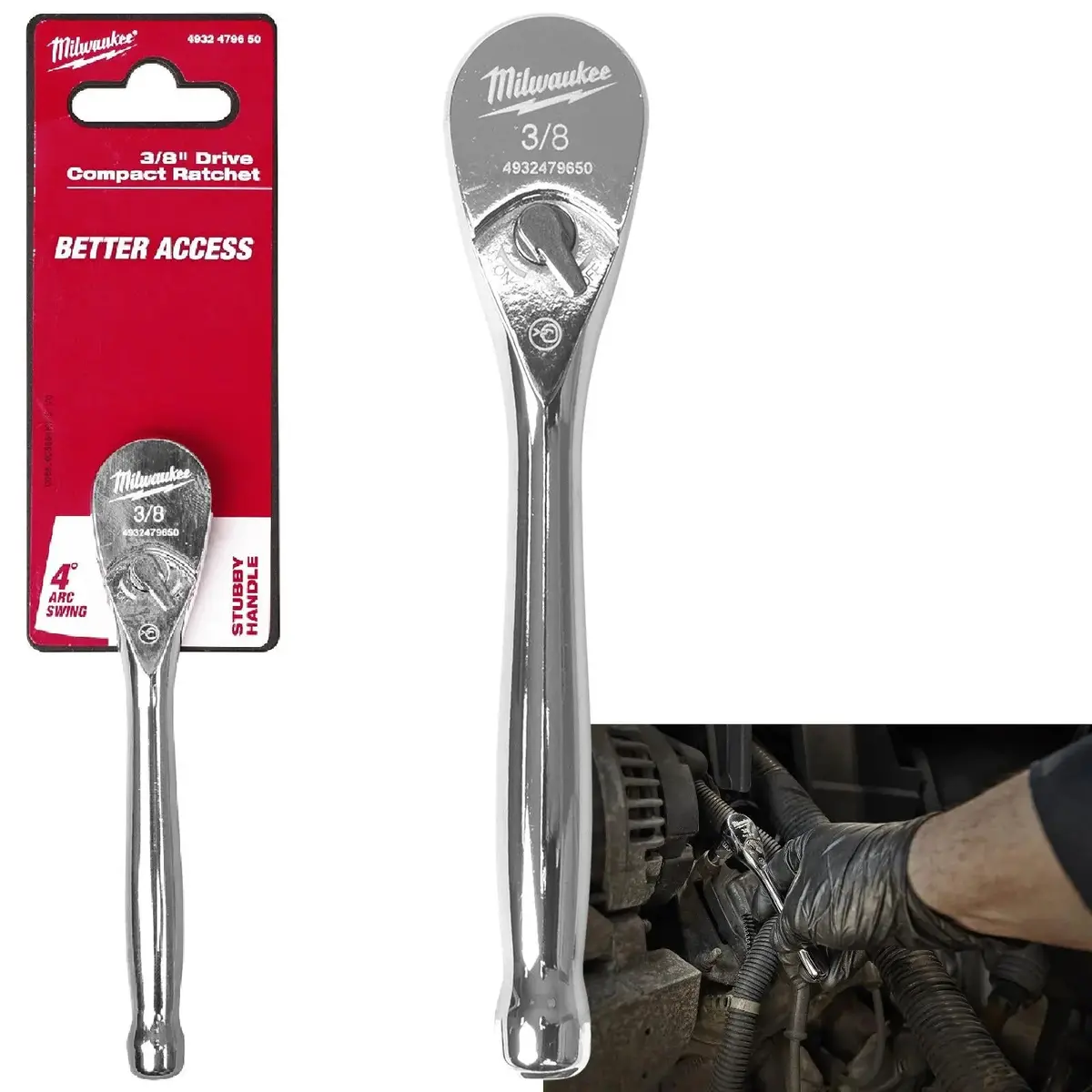 Milwaukee Ratchet Handle Socket Wrench Compact 3/8" Drive 127Mm 5 Inch 90 Tooth 1