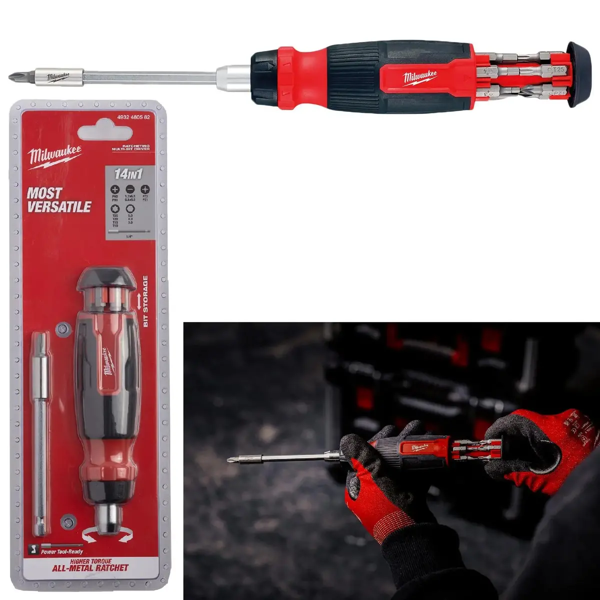 Milwaukee Ratchet Screwdriver Set 14 In 1 Multi Bit Pozi Phillips Torx Slotted Hex 1
