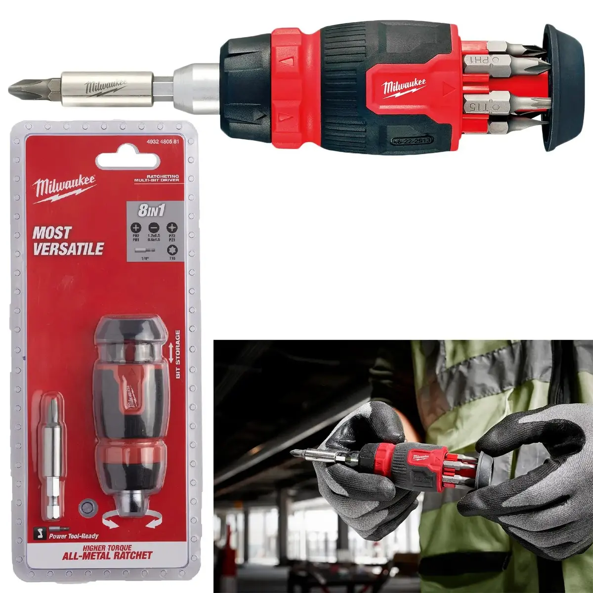 Milwaukee Ratchet Screwdriver Set Compact 8 In 1 Multi Bit Stubby Pozi Phillips Torx Slotted 1