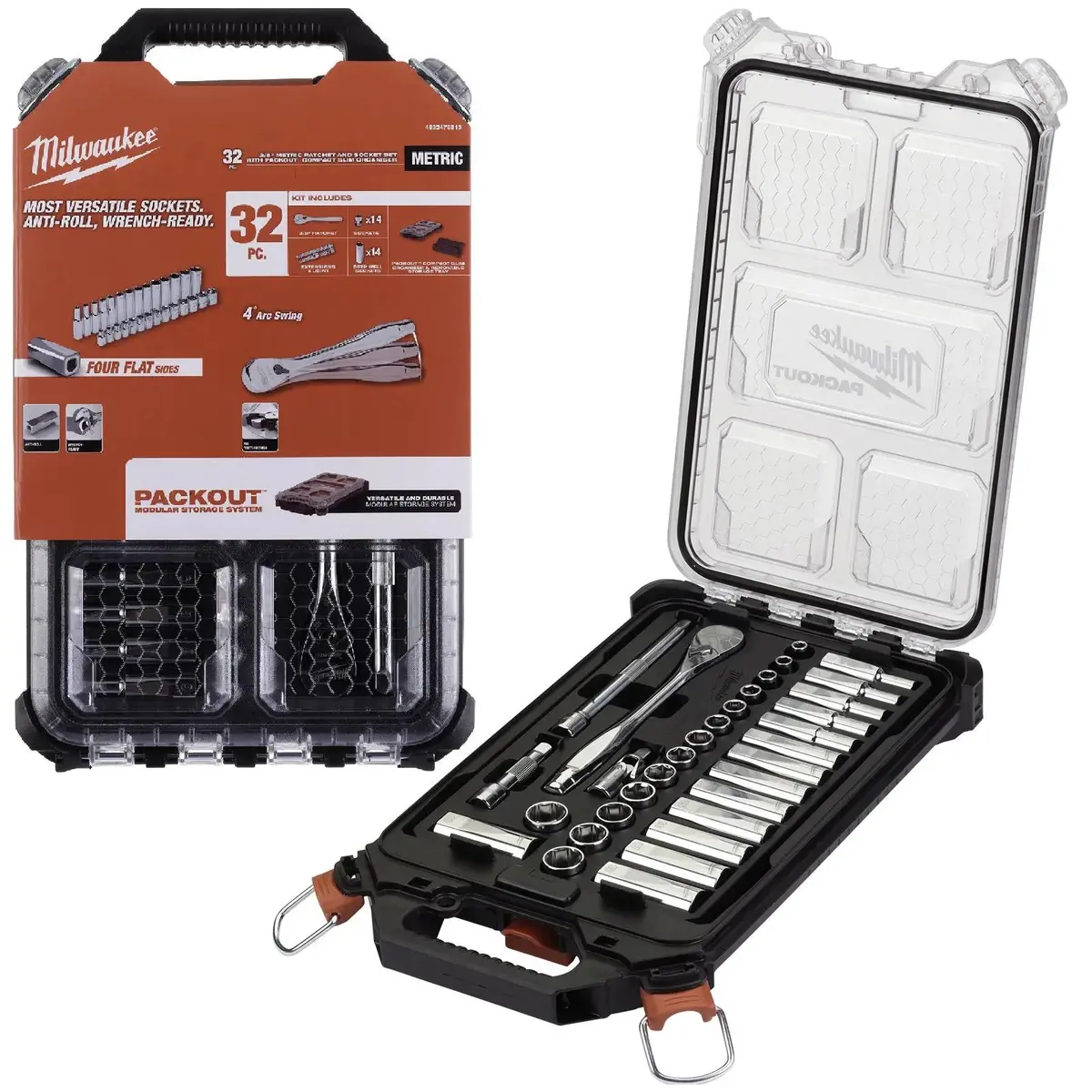 Milwaukee Ratchet And Socket Set 3/8" Drive 32 Piece Packout Compact Slim Organiser 1