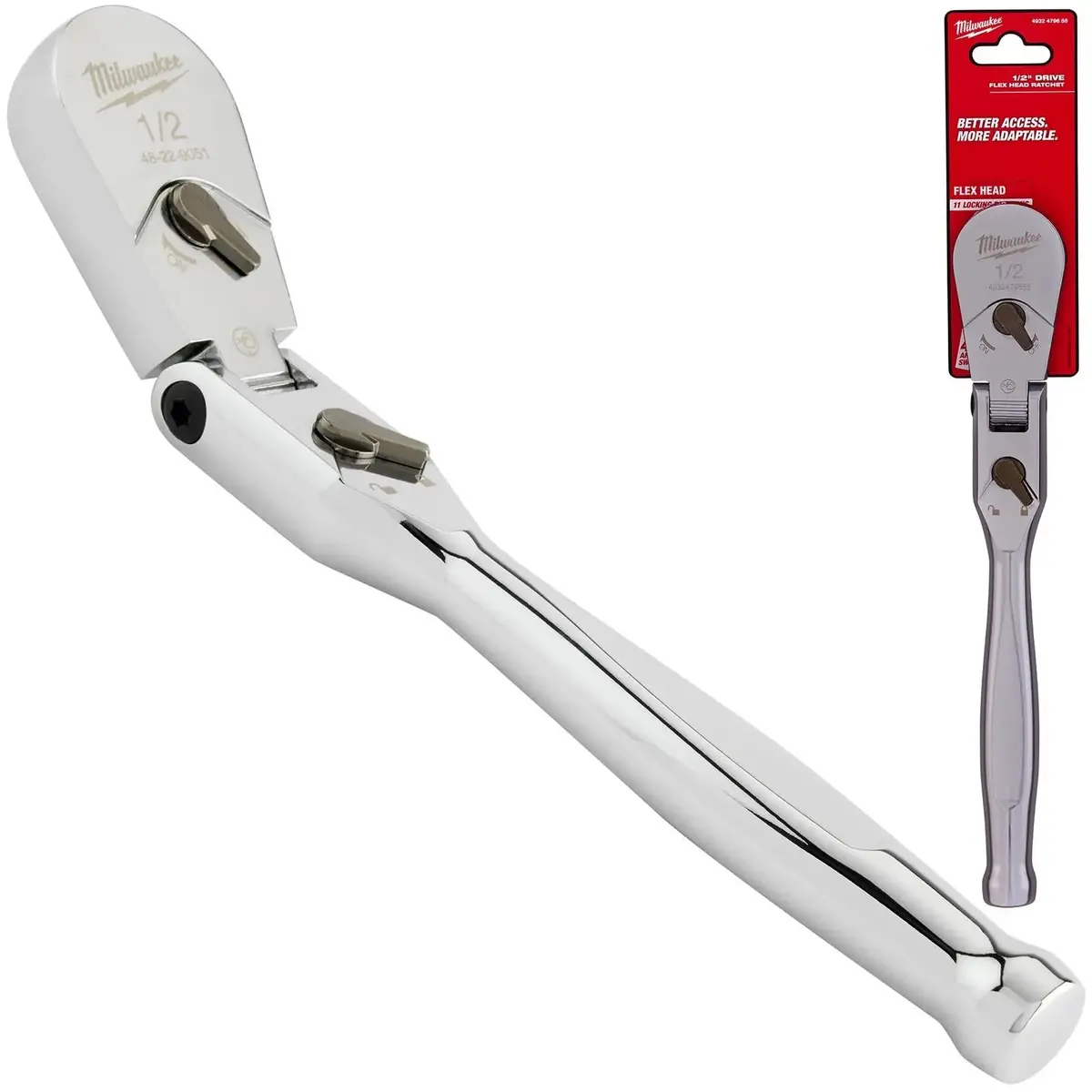 Milwaukee Socket Ratchet Wrench Flexible Head 1/2" Drive 90 Tooth Slim Profile Head 1