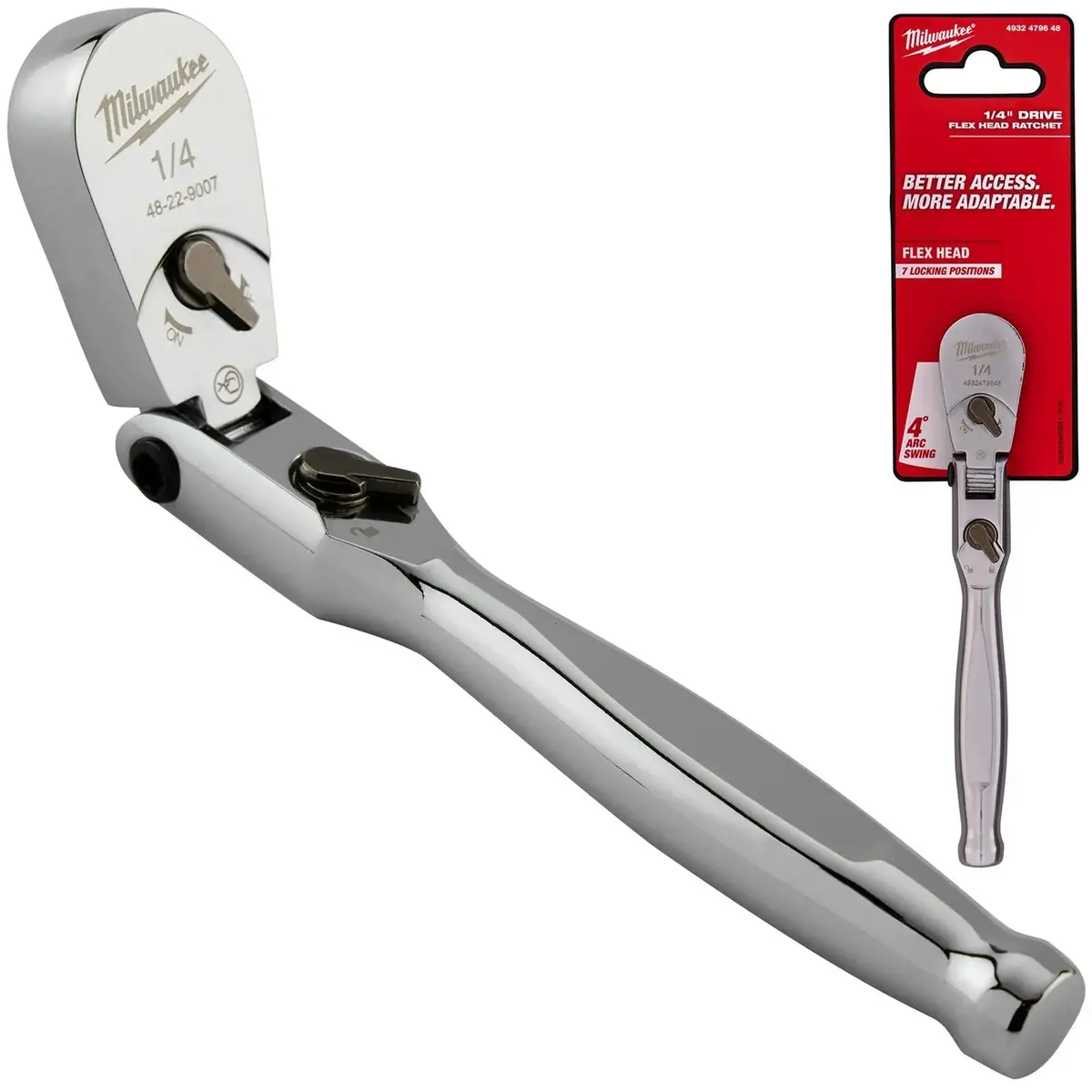 Milwaukee Socket Ratchet Wrench Flexible Head 1/4" Drive 90 Tooth Slim Profile Head 1