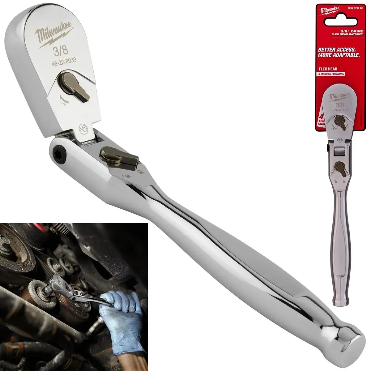 Milwaukee Socket Ratchet Wrench Flexible Head 3/8" Drive 90 Tooth Slim Profile Head 1