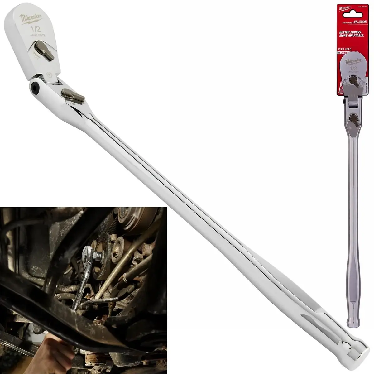 Milwaukee Socket Ratchet Wrench Long Flexible Head 1/2" Drive 90 Tooth Slim Profile Head 1