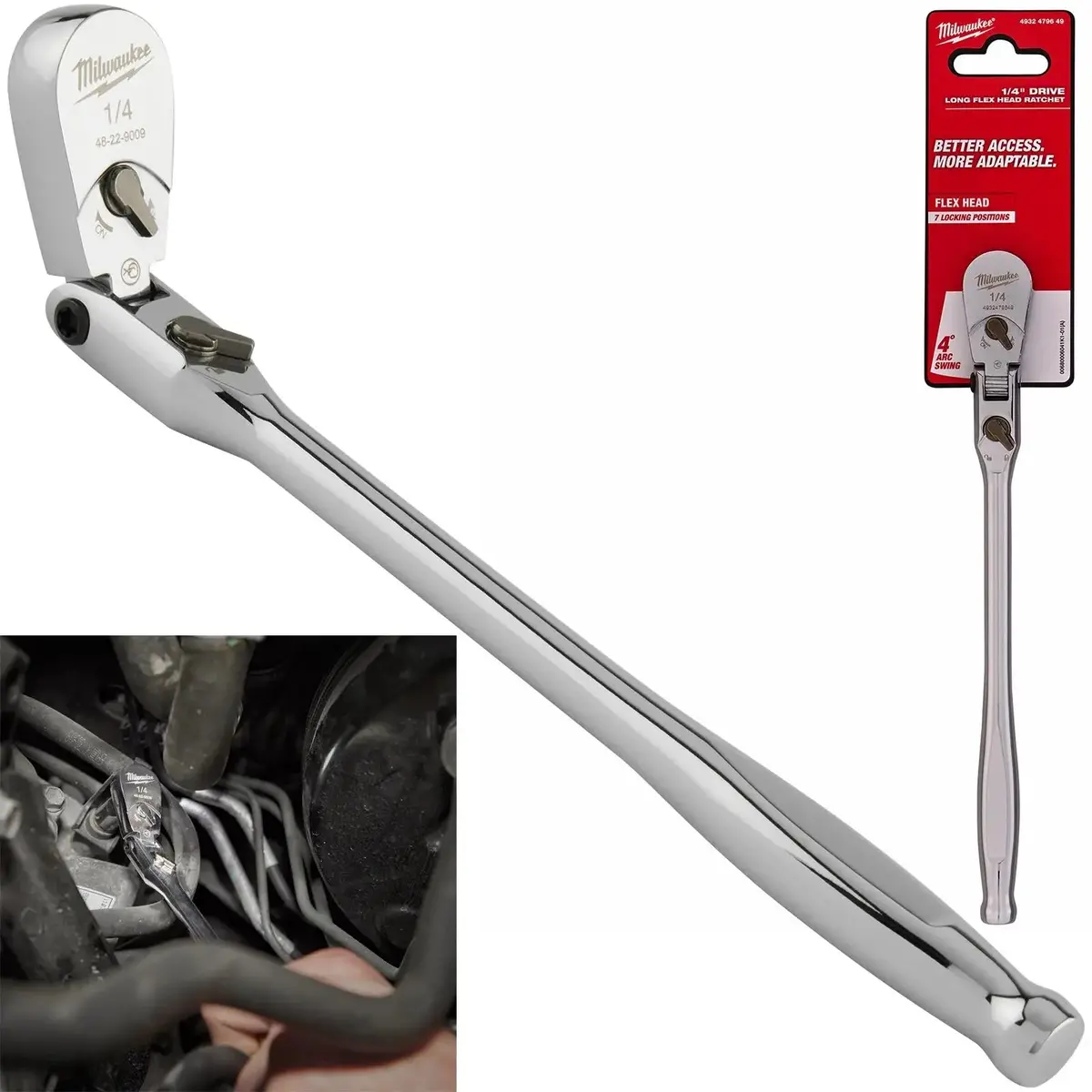 Milwaukee Socket Ratchet Wrench Long Flexible Head 1/4" Drive 90 Tooth Slim Profile Head 1