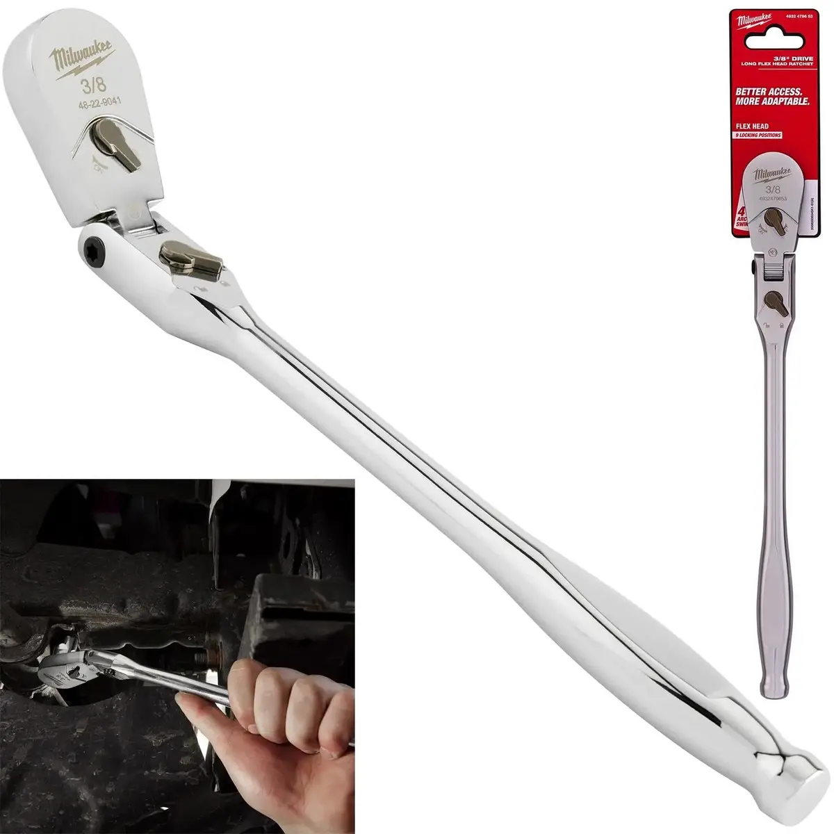Milwaukee Socket Ratchet Wrench Long Flexible Head 3/8" Drive 90 Tooth Slim Profile Head 1