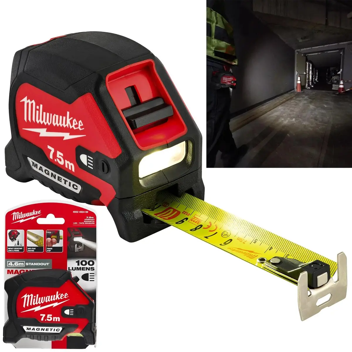 Milwaukee Tape Measure Magnetic 7.5M With Led Light 30Mm Wide Blade 100 Lumens 1