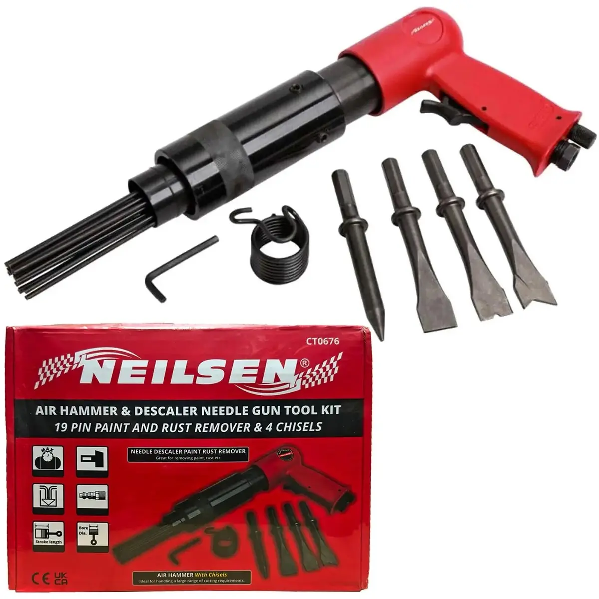 Neilsen Air Hammer Descaler Needle Gun Tool Kit Chisel Heavy Duty Garage 1/4 1