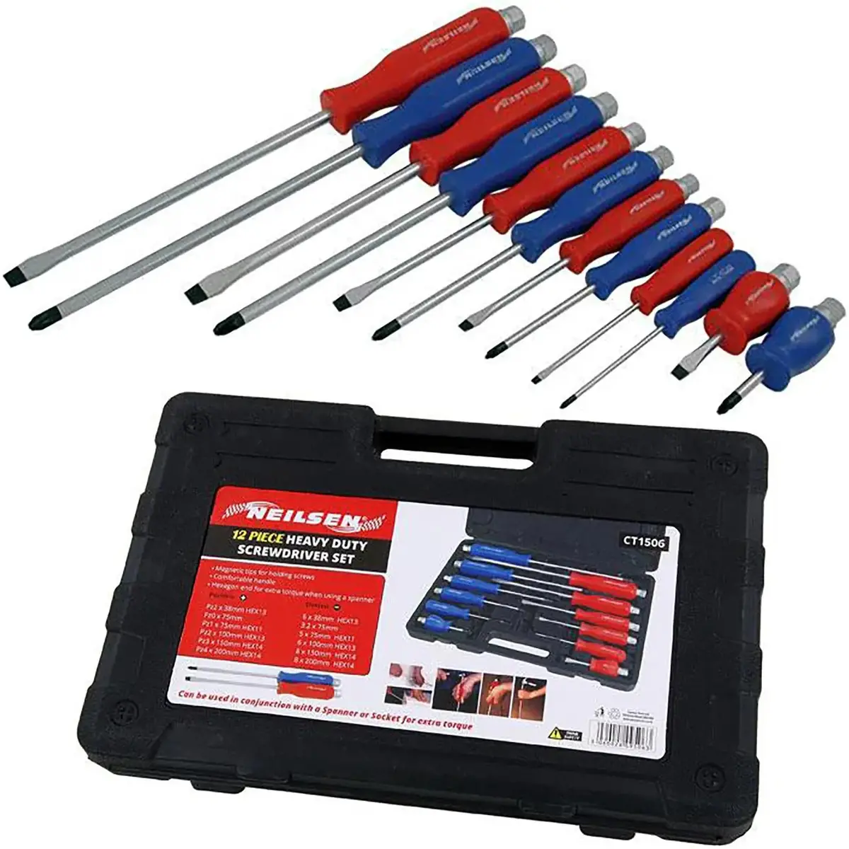 Neilsen Demolition Screwdriver Set Heavy Duty Hammer Slotted Pozi Magnetic Tip 12Pc 1