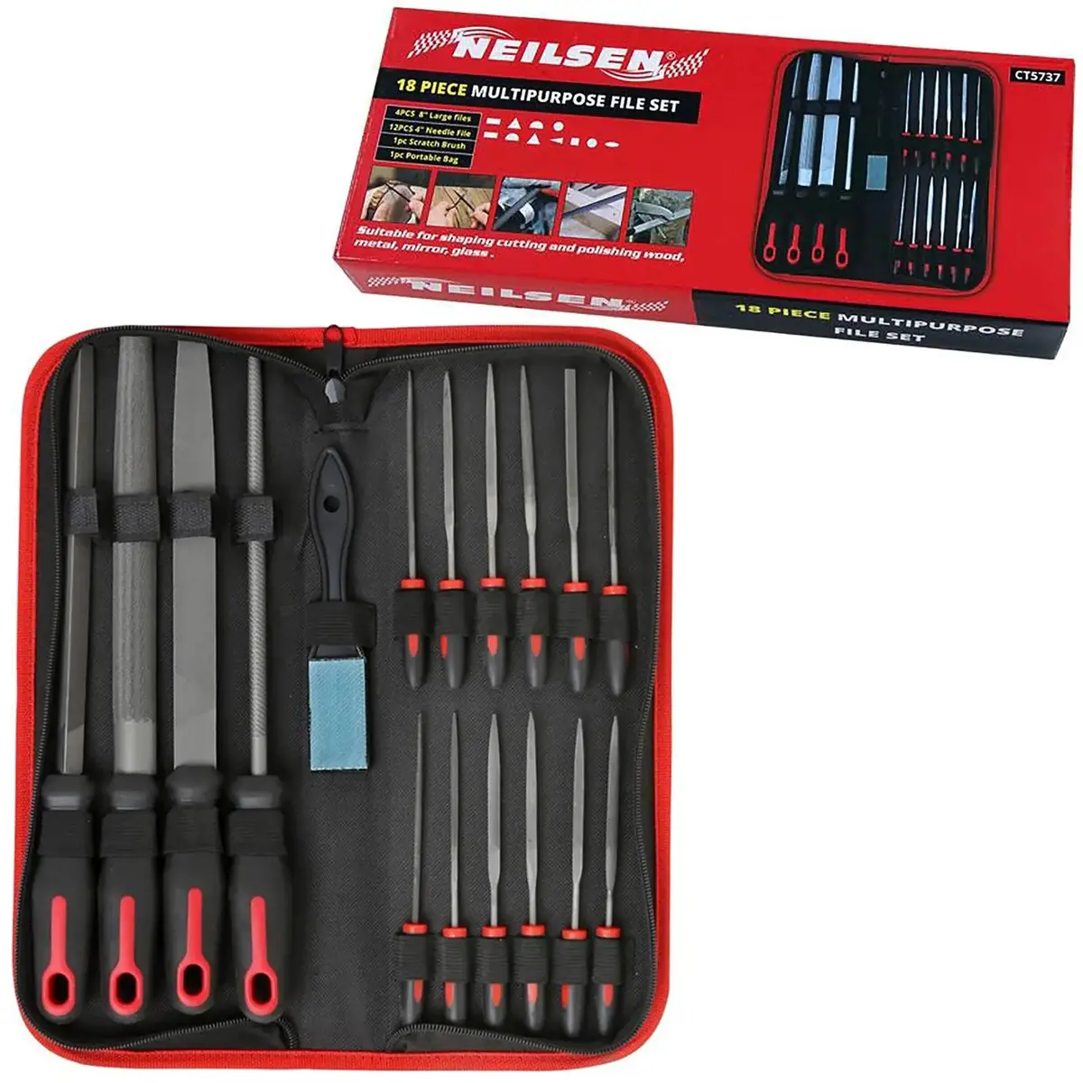 Neilsen File Set Metal Wood Engineers Needle Half Round Square Flat 18Pc 1
