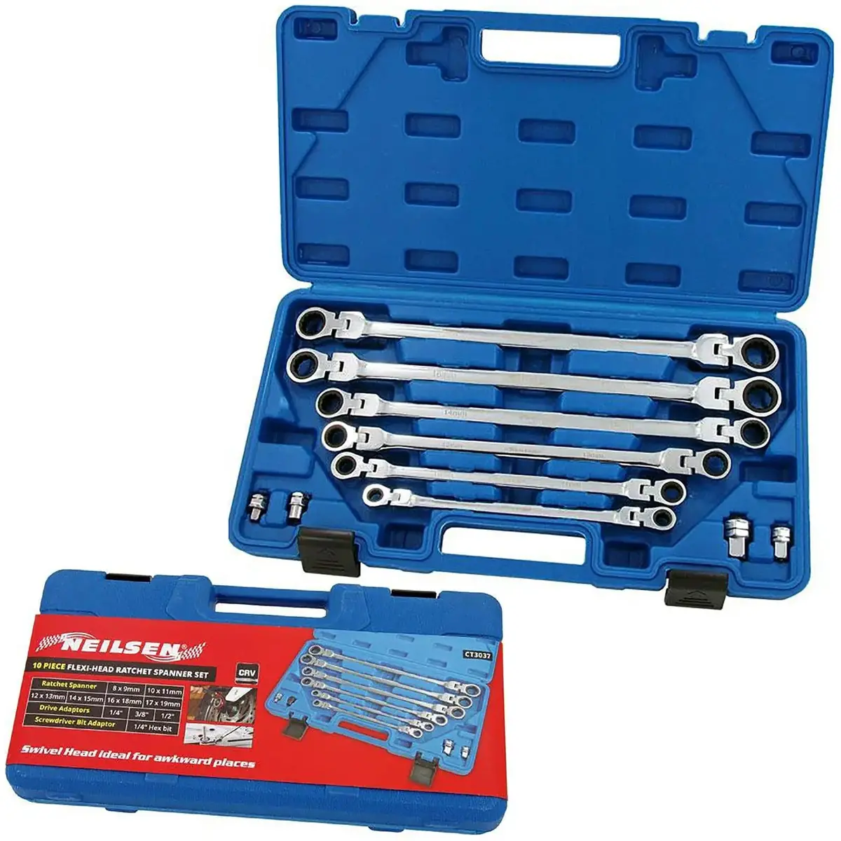 Neilsen Flexible Head Ratchet Spanner Set Swivel Wrench Socket Screwdriver Adaptor 1
