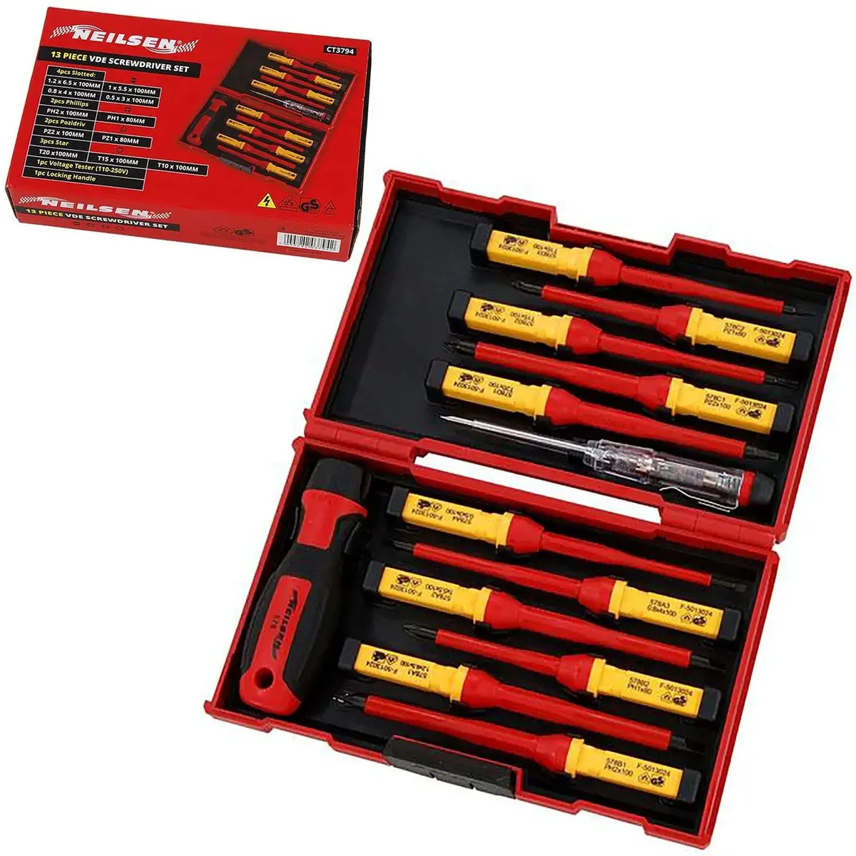 Neilsen Insulated Screwdriver Set Vde Slotted Phillips Pozi Torx Electricians 13Pc 1