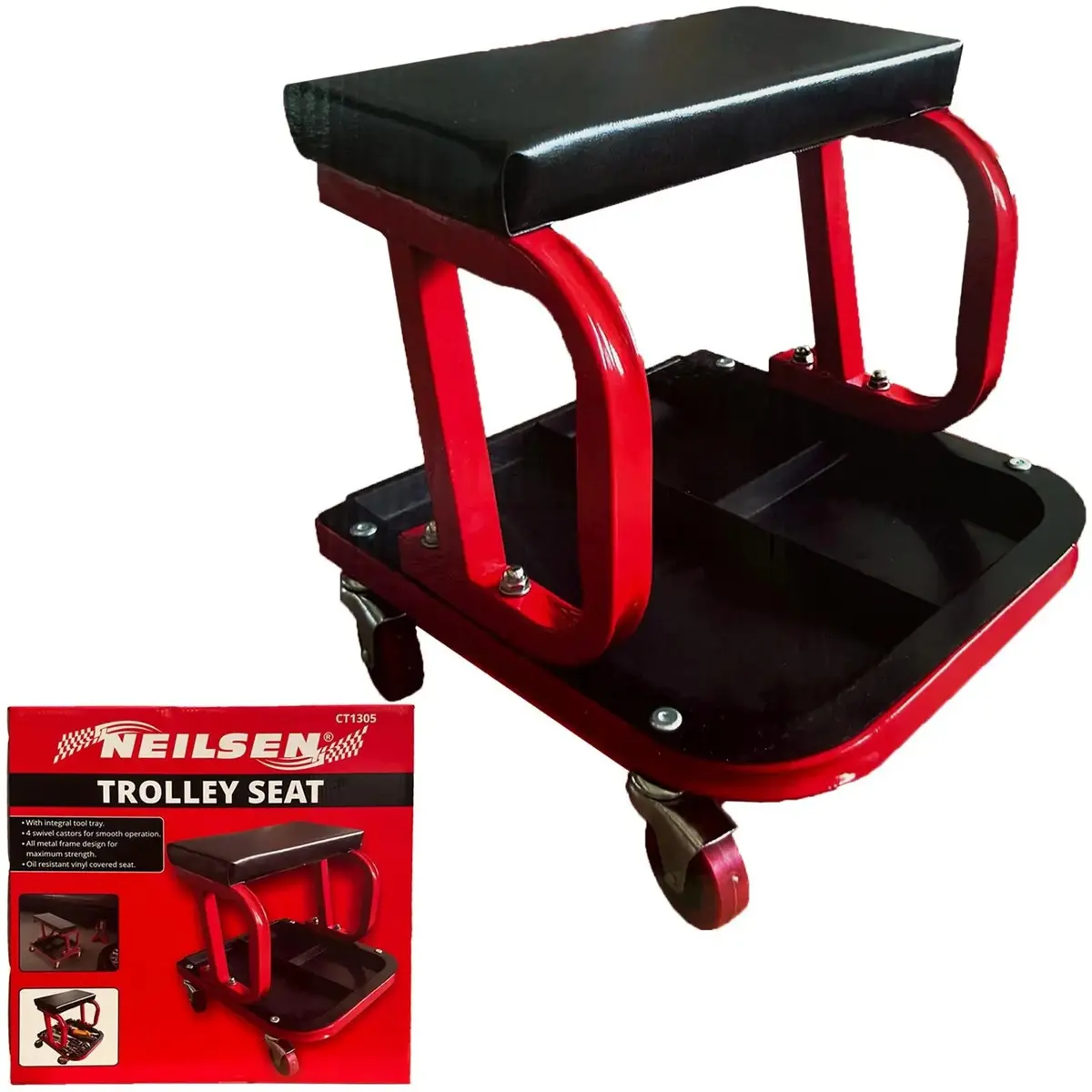 Neilsen Mechanics Padded Creeper Trolley Seat Garage Work Stool Swivel Wheels 1