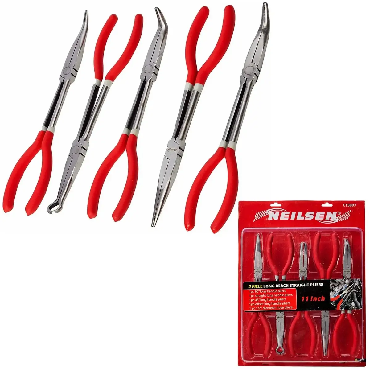 Neilsen Pliers Set Long Reach Straight Bent Nose Hose Garage Mechanic 5Pc 11 1