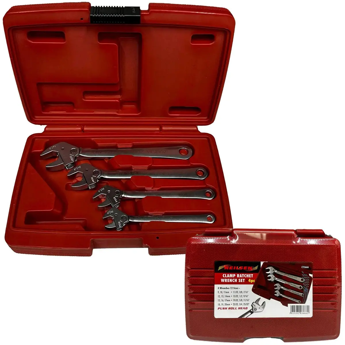 Neilsen Ratchet Spanner Wrench Clamp Set Push Roll Head 9-20Mm 4 Piece 1