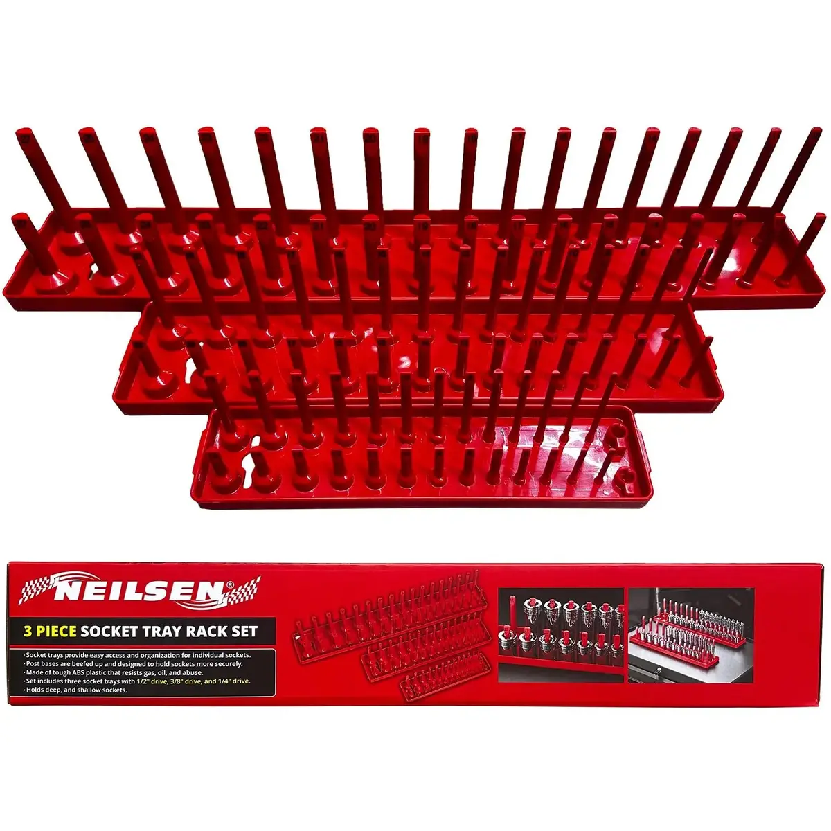 Neilsen Socket Rail Tray Rack Set 1/4" 3/8" 1/2" Deep Shallow Storage Organiser 3Pc 1