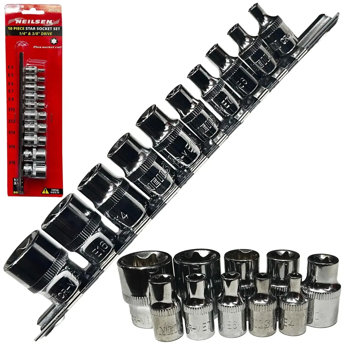 Neilsen Torx Star Socket Set Female External Socket Rail 1/4" 3/8" Drive E4-E16 10 Pieces 1