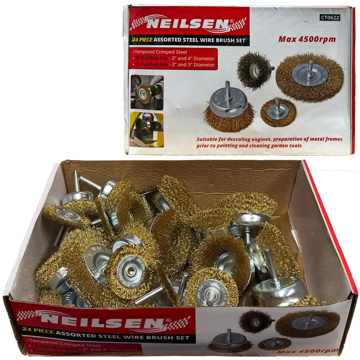 Neilsen Wire Brush Set Crimped Steel Flat Cup Drill Rust Paint Descaler 24Pc 1