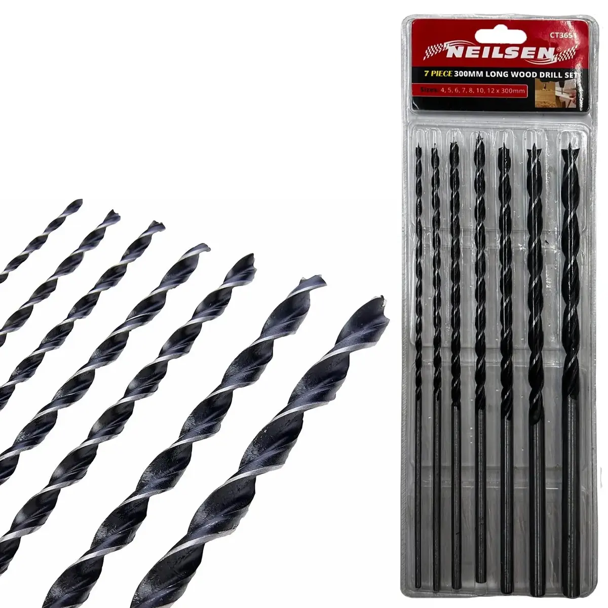 Neilsen Wood Auger Drill Bit Set 300Mm Extra Long Spiral Woodwork 4-12Mm 7Pc 1