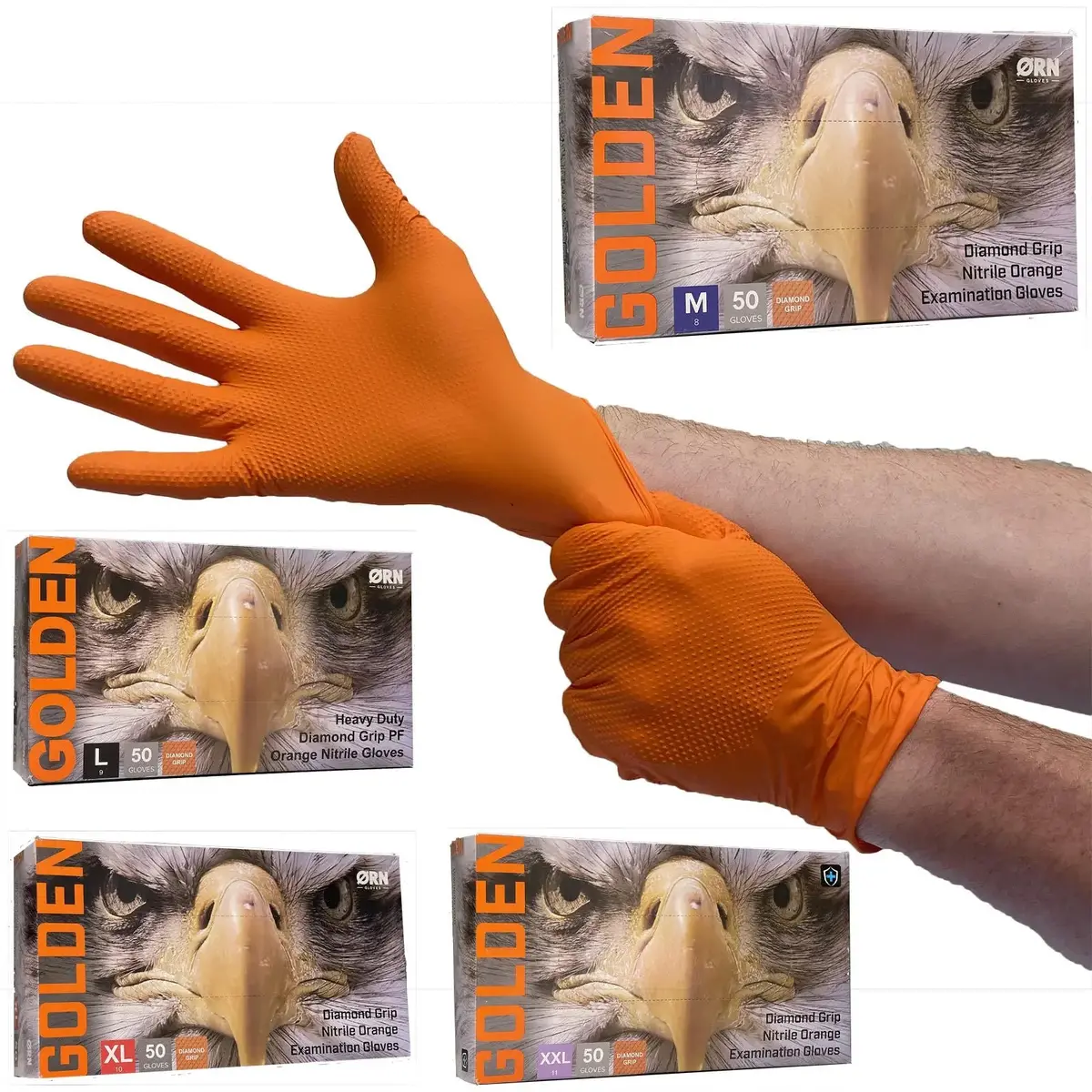 Orn Nitrile Disposable Gloves Golden Diamond Grip Orange Powder Latex Free 50 Box - Choose Size 1